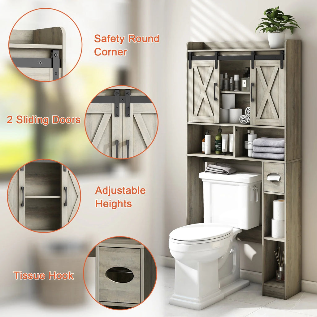 Meuble de rangement au-dessus des toilettes, meuble de rangement de style maisonnette au-dessus des toilettes avec portes coulissantesÉtagère de rangement gain de place pour toilettes, pour salle de bains, toilettes, buanderie