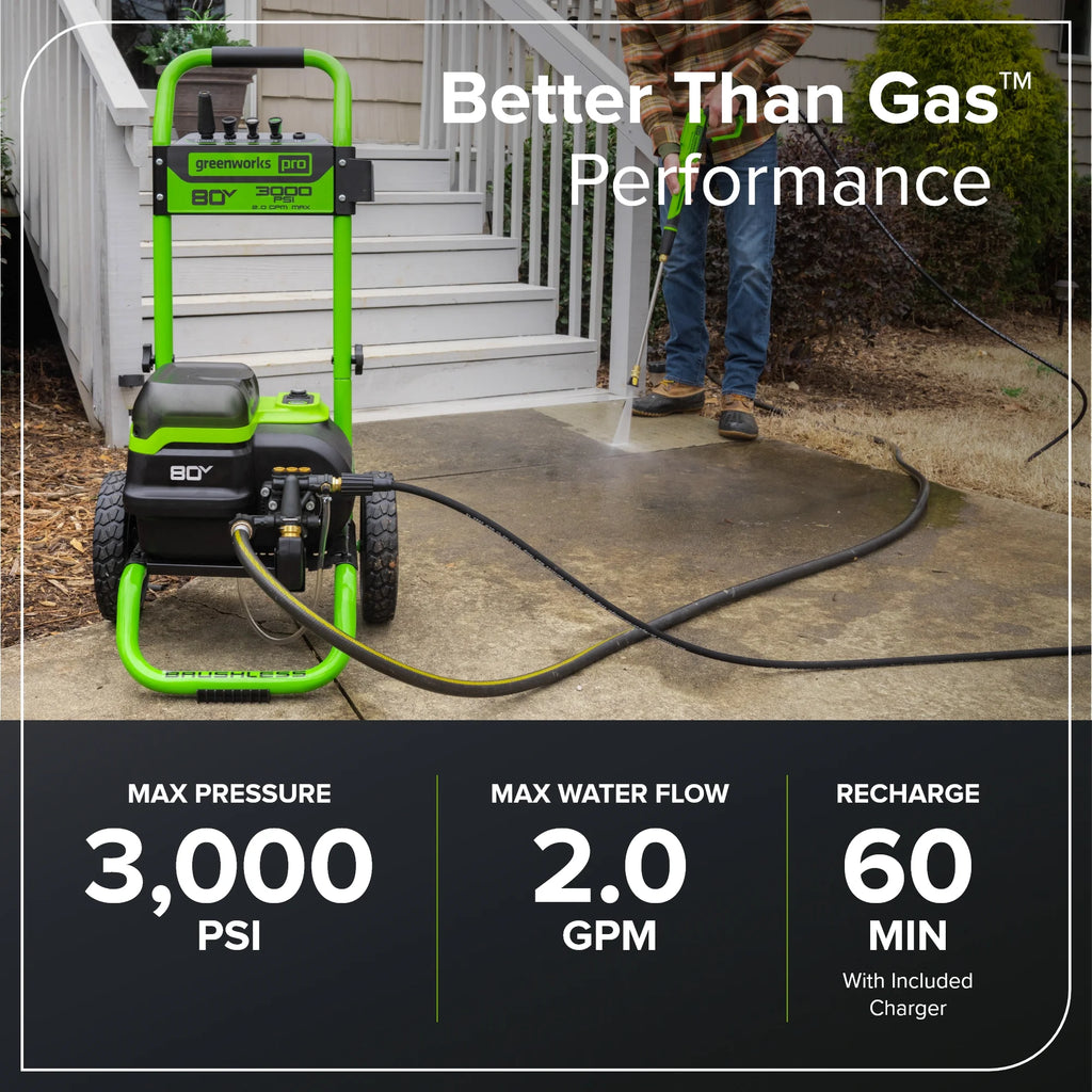 Nettoyeur haute pression Greenworks 80 V 3 000 PSI avec (2) batteries de 4 Ah, chargeur rapide DP