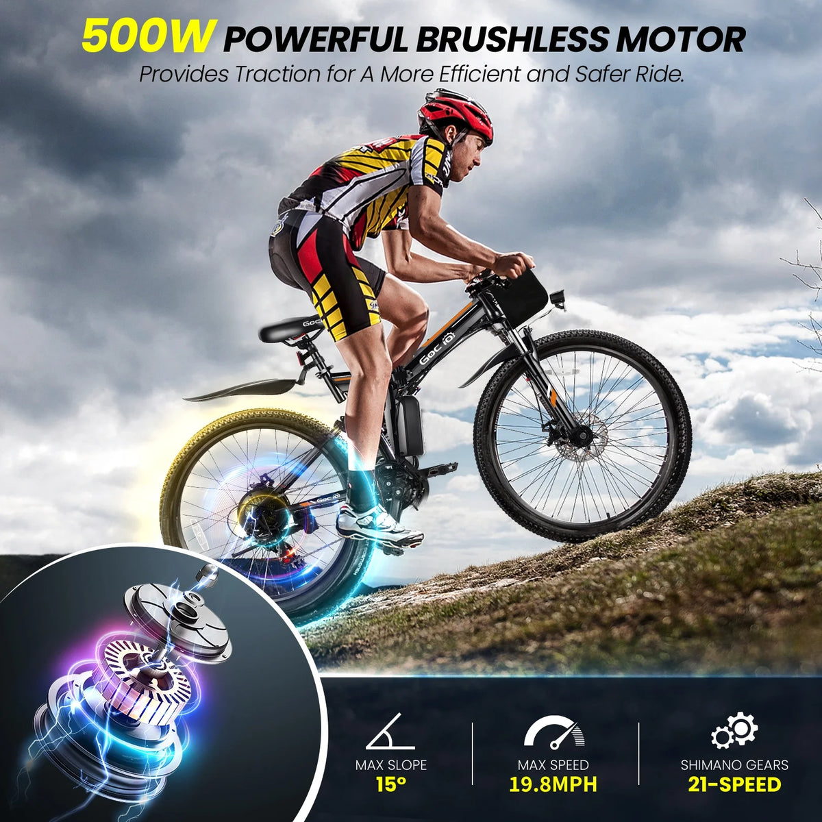 Vélo électrique pliant Gocio 26 pour adultes, VTT électrique 500W, Double amortisseur, Batterie 48V 7,8Ah, Shimano 21 vitesses, UL2849