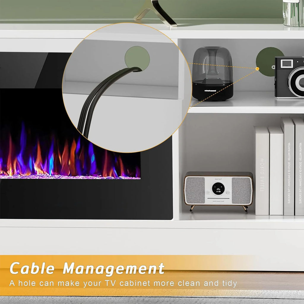 Meuble TV avec cheminée Waleaf avec cheminée électrique de 36 pouces pour téléviseurs jusqu’à 80 pouces, console multimédia moderne en bois avec meuble éclairé, blanc