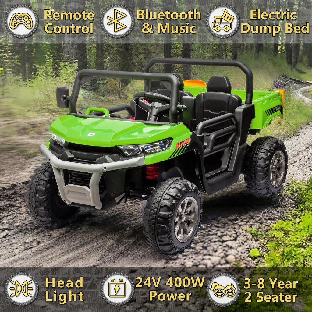 Xuanlur Voiture électrique pour enfants 24V 2 places, UTV avec moteur 2x200W, Jouet électrique 24 volts avec benne/pelle, Voiture électrique pour enfants avec pneus résistants, lumière LED, musique, télécommande, noire