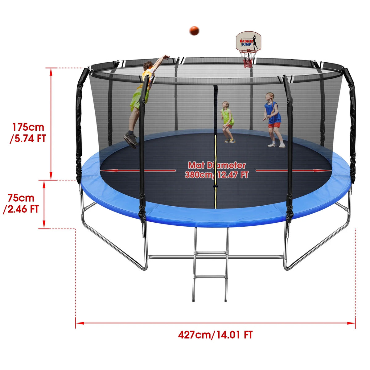 Trampoline de 14 pieds pour enfants, avec panier de basket et filet de sécurité, capacité de 880 lb pour 4 enfants, tapis imperméable et échelle, trampoline d’extérieur pour jardin