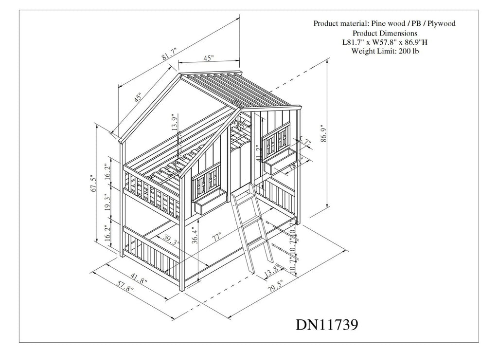 Lit superposé maison simple sur simple avec toit/fenêtre/niche de fenêtre/porte, cadre de lit superposé en bois avec plancher, barrières de sécurité et échelle pour enfants garçons et filles, blanc