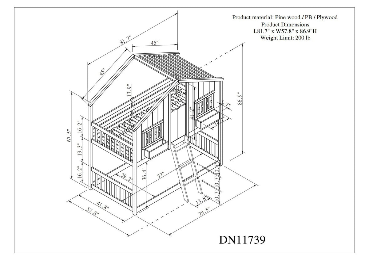 Lit superposé maison simple sur simple avec toit/fenêtre/niche de fenêtre/porte, cadre de lit superposé en bois avec plancher, barrières de sécurité et échelle pour enfants garçons et filles, blanc