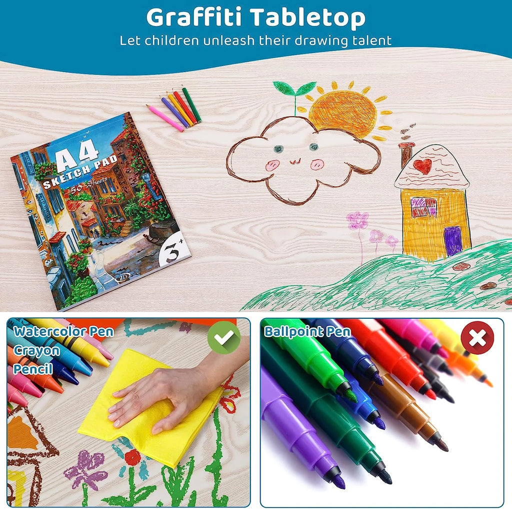 Ensemble table et 4 chaises pour enfants LAZY BUDDY, bureau réglable en hauteur pour tout-petits avec plateau graffiti, ensemble de table d’activités pour enfants pour crèche et maison