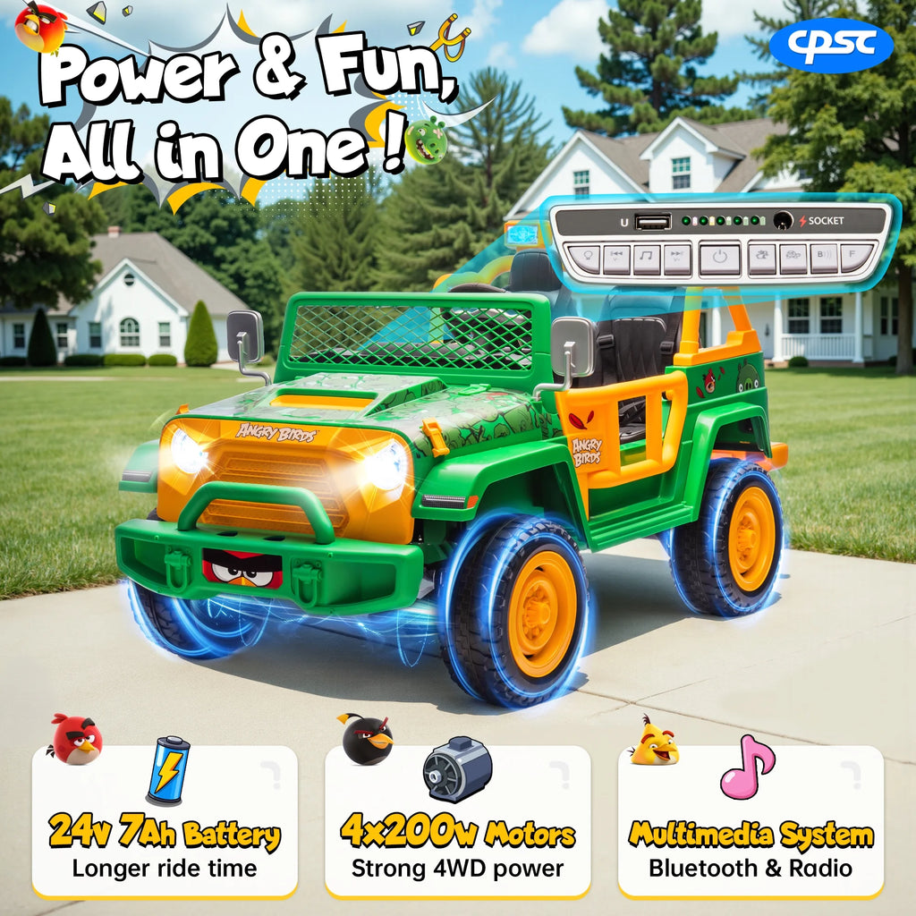 Jouets électriques Joyracer 24 volts pour grands enfants, camion sous licence Angry Birds avec télécommande, véhicule électrique 4x4 à 2 places avec pelle, Bluetooth, lumières, roues de voiture électrique, pour enfants de 3 à 8 ans, jusqu’à 59 kg, vert