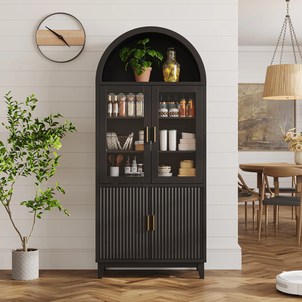 VEANERWOOD 71 Armoire haute cintrée, meuble de rangement de cuisine en bois cannelé avec 4 portes et 6 étagères pour salle à manger et salon