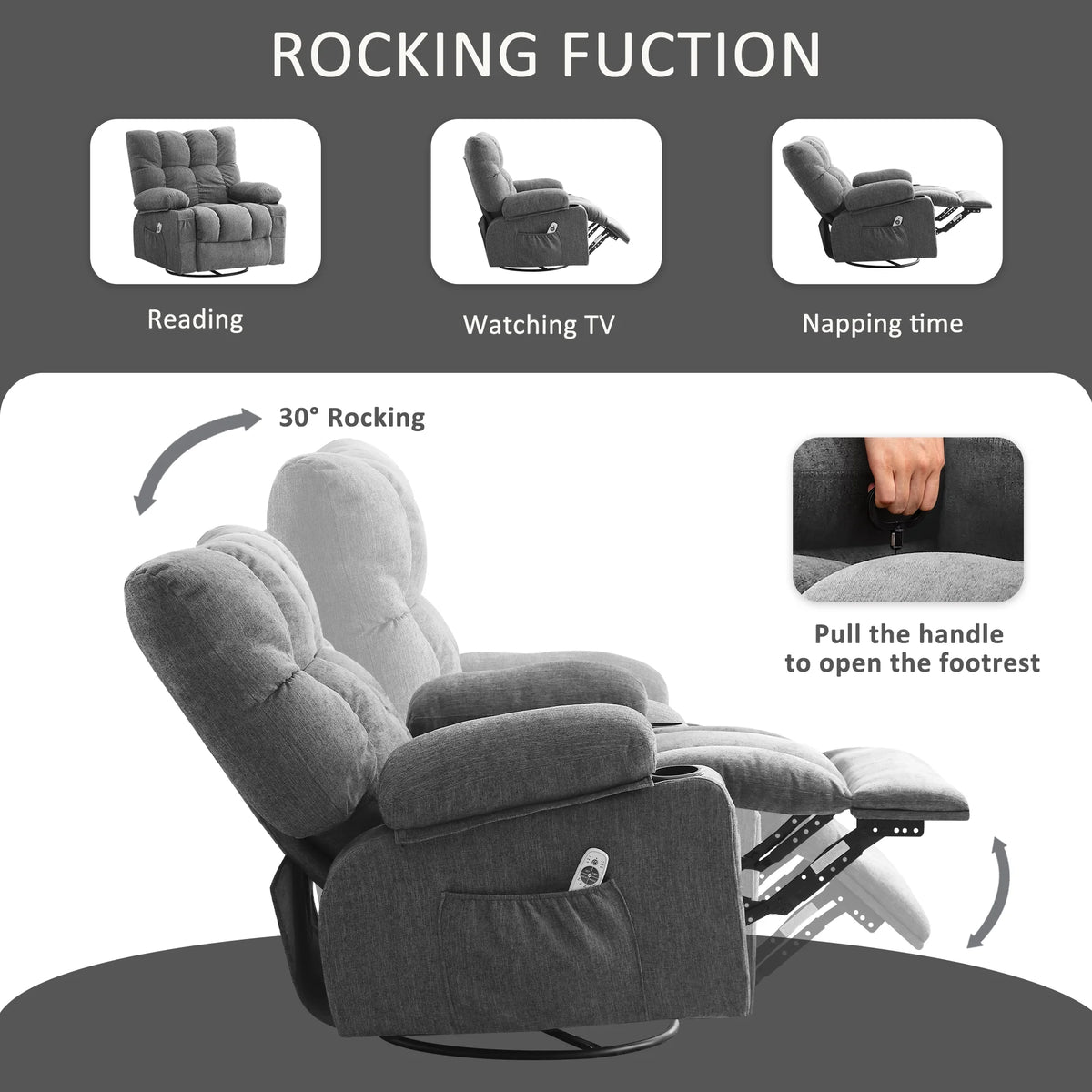 Fauteuil inclinable manuel JONPONY avec fonction de massage et de chauffage, mécanisme d’inclinaison robuste, fauteuil à bascule individuel pour personnes âgées avec porte-gobelets, pour chambre et salle de cinéma maison, gris