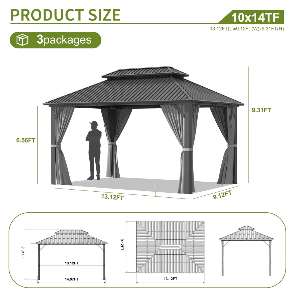 MUCHANT 10'x12' Gazebo à toit rigide avec structure en aluminium, Pavillon d'extérieur permanent Gazebo en métal avec double toit en acier galvanisé, Moustiquaire et Rideaux pour terrasses, jardins, pelouses, Gris