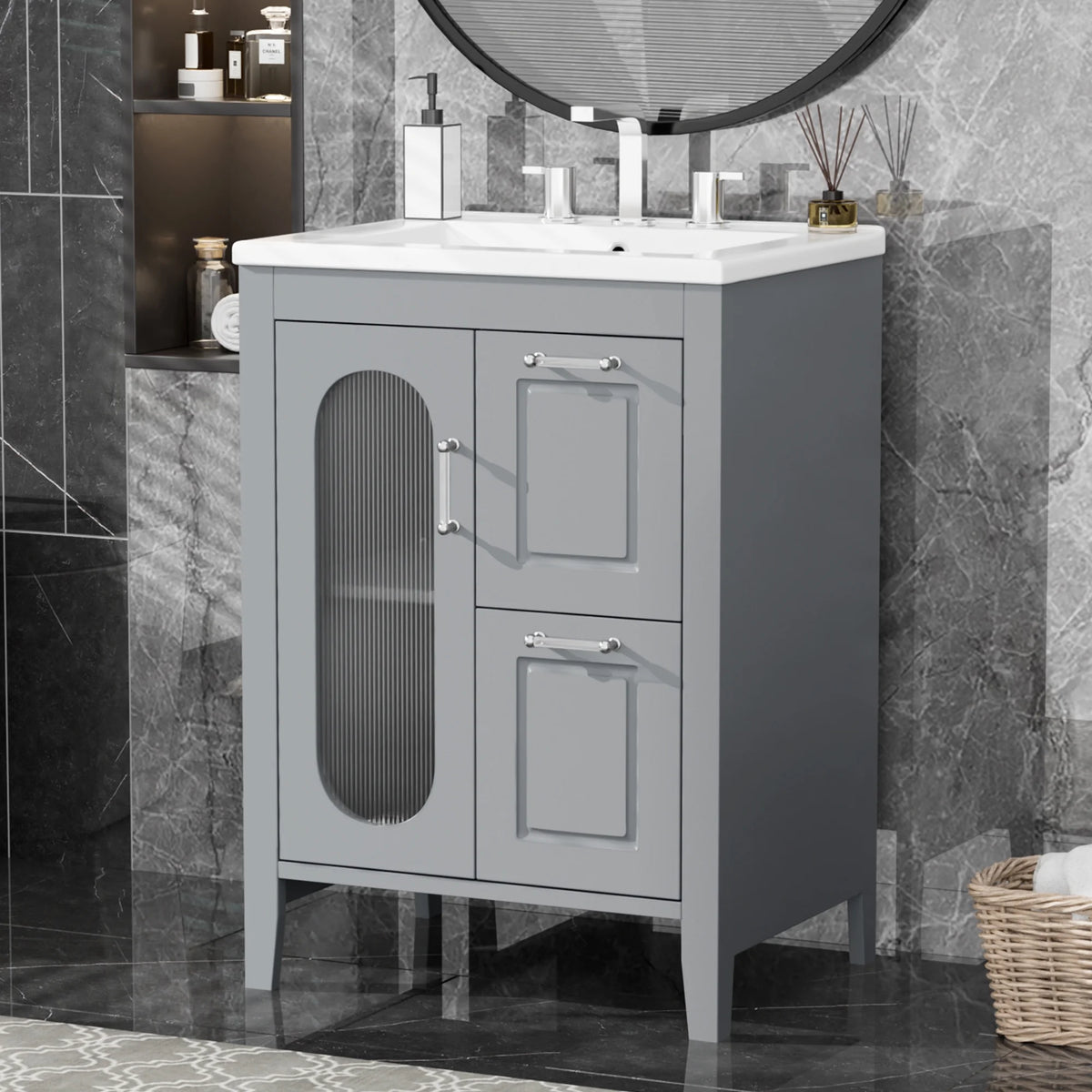 Meuble-lavabo Soges 24 avec vasque en céramique, meuble de toilette en bois massif avec porte, étagère réglable et 2 tiroirs, ensemble lavabo simple autoportant pour petite salle de bains, blanc