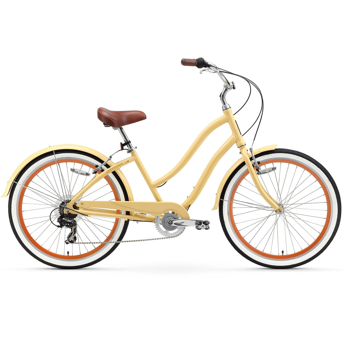 sixthreezero Every journey Vélo hybride de ville à cadre ouvert 7 vitesses pour femme, roues de 26 po et cadre de 17,5 po, crème