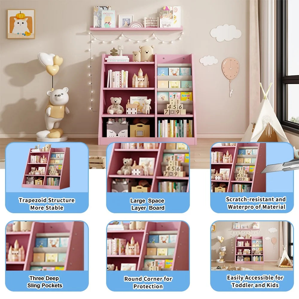 IVV Bibliothèque Montessori pour enfants, Bibliothèque moderne en bois à 4 niveaux, Étagère à livres et jouets pour enfants, Support d’étagère en tissu, Pour salle de classe, chambre, chambre de bébé ou salle de jeux (Rose)