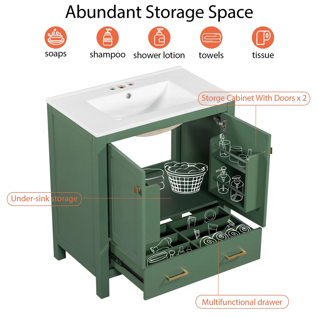Meuble-lavabo de salle de bains Harper & Bright Designs 30 avec lavabo, armoire de salle de bains avec plateau en céramique, portes et tiroir de rangement multifonctionnels, vert