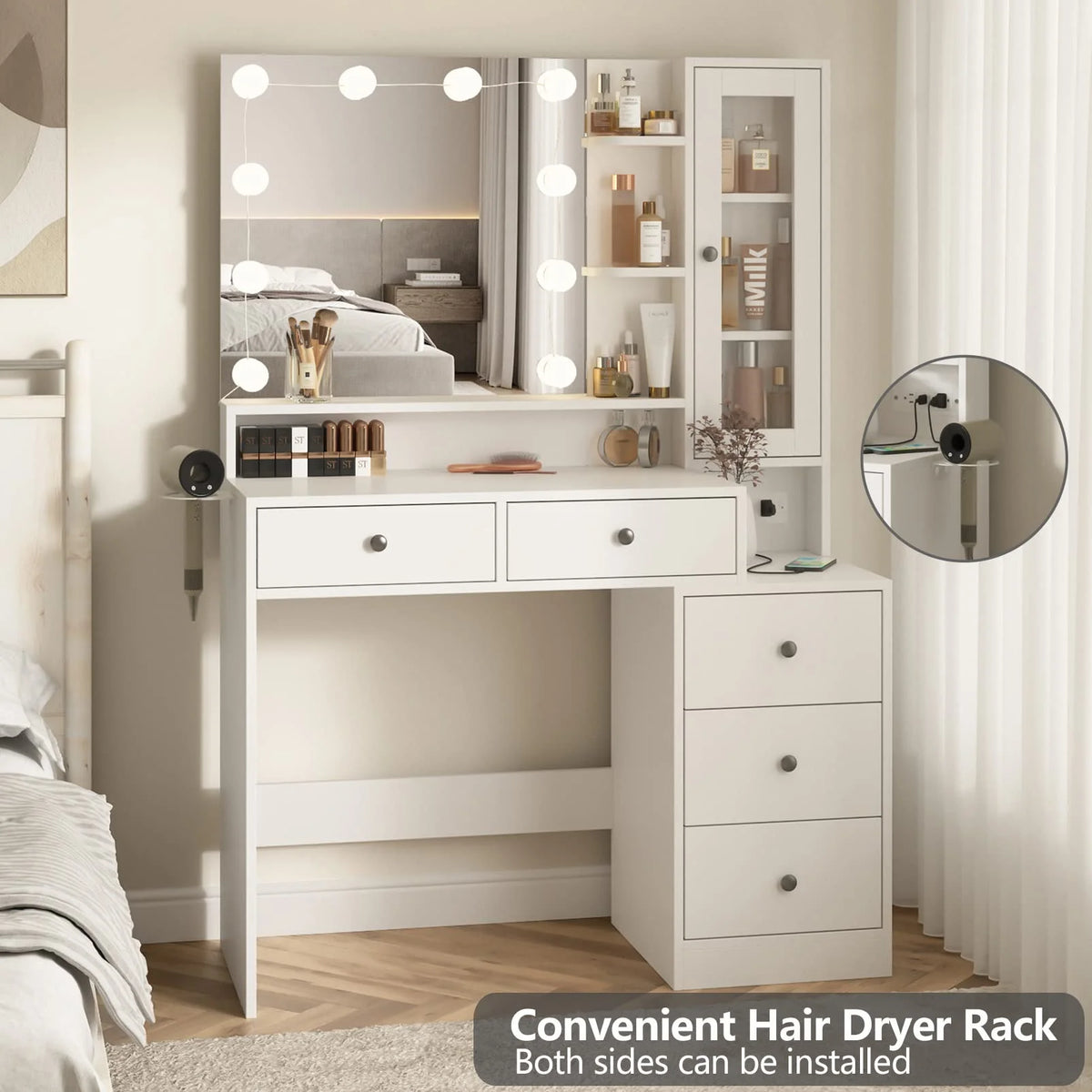 Coiffeuse VEANERWOOD avec miroir éclairé et bloc multiprise, table de maquillage moderne avec 5 tiroirs, blanc