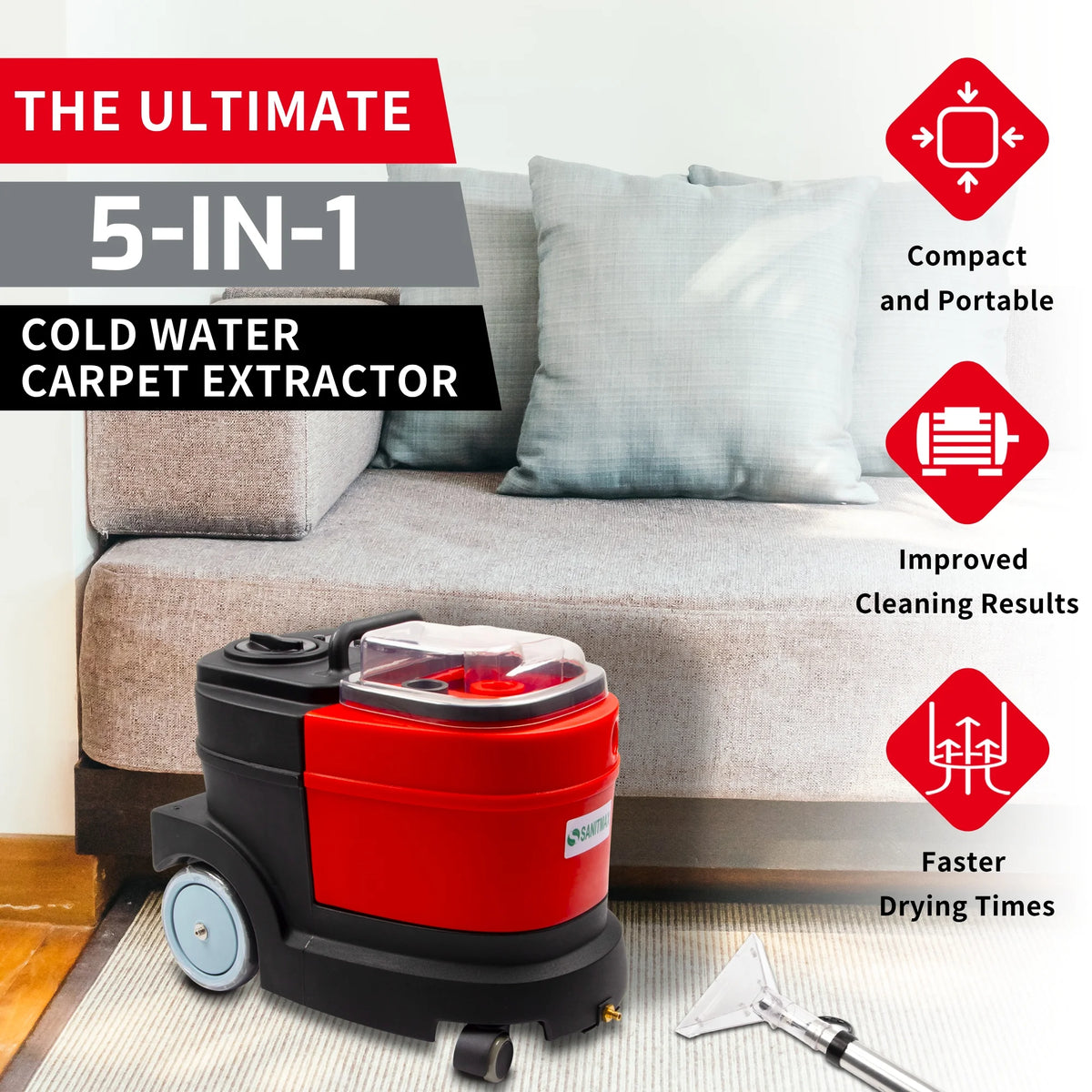 Machine à nettoyer par extraction pour tapis et tissus d’ameublement, moteur puissant de 1,07 CV, réservoir de 3,7 gal