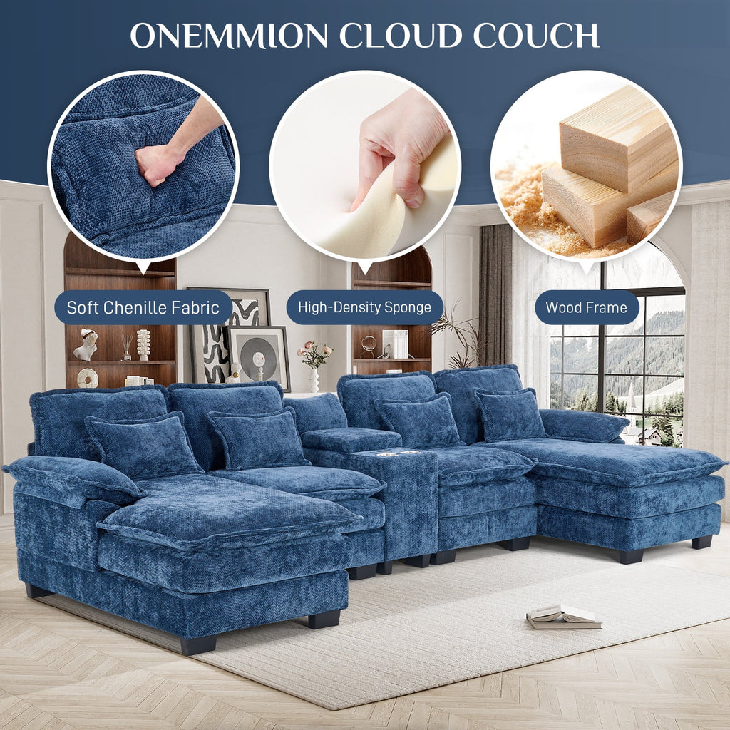 Canapé modulable en U Wiilayok Cloud Couch, méridienne double extra profonde de 124 cm en chenille duveteuse, console centrale avec ports USB-C et A doubles, gris tempête