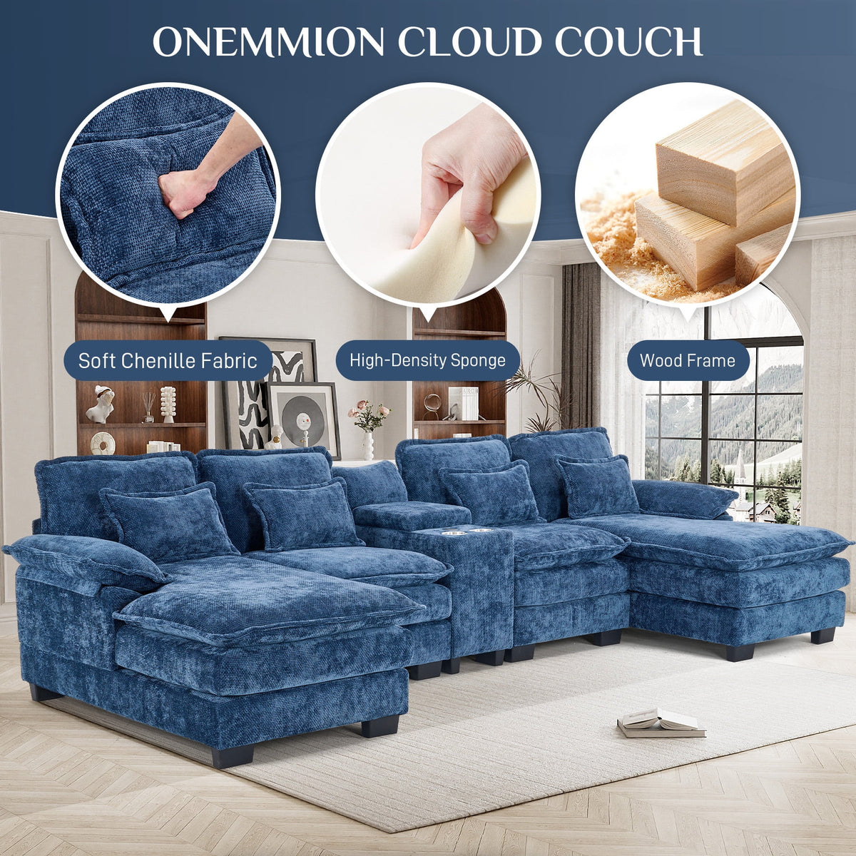Canapé modulable en U Wiilayok Cloud Couch, méridienne double extra profonde de 124 cm en chenille duveteuse, console centrale avec ports USB-C et A doubles, gris tempête