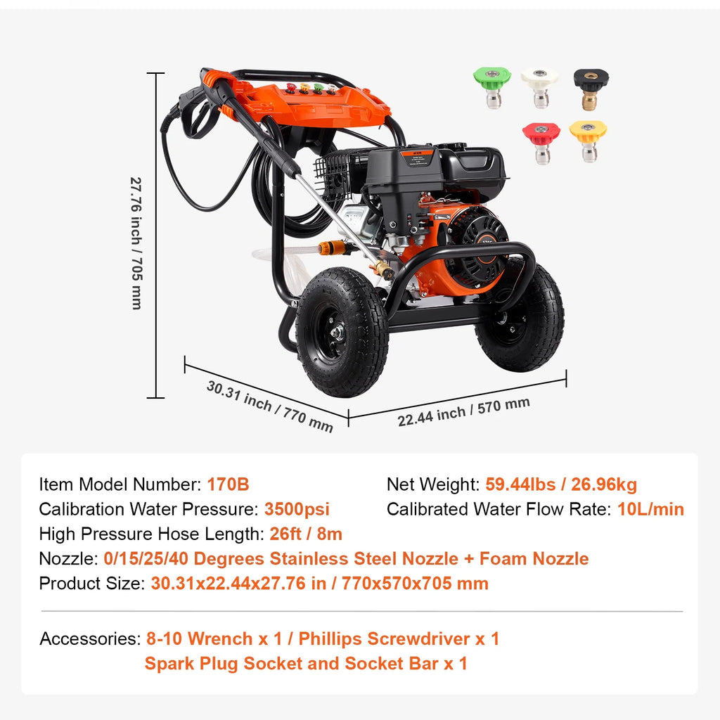 KFFKFF Nettoyeur haute pression à essence 3600 PSI 2,6 GPM avec tuyau haute pression de 26 pi et 5 buses