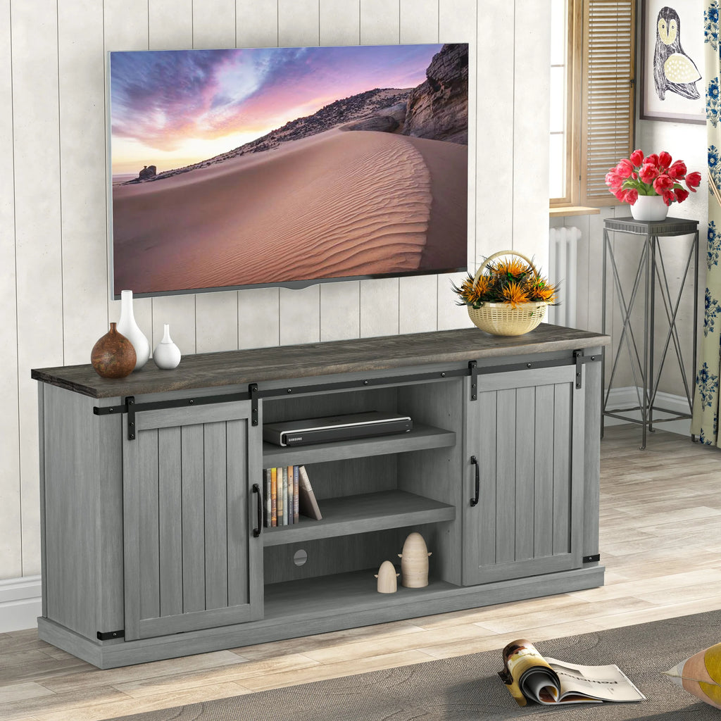 Meuble TV rustique FESTIVO pour téléviseur 75 pouces, centre de divertissement, meuble TV avec porte de grange coulissante, console TV de 68 pouces, meuble multimédia de salon avec étagère réglable - Blanc cassé