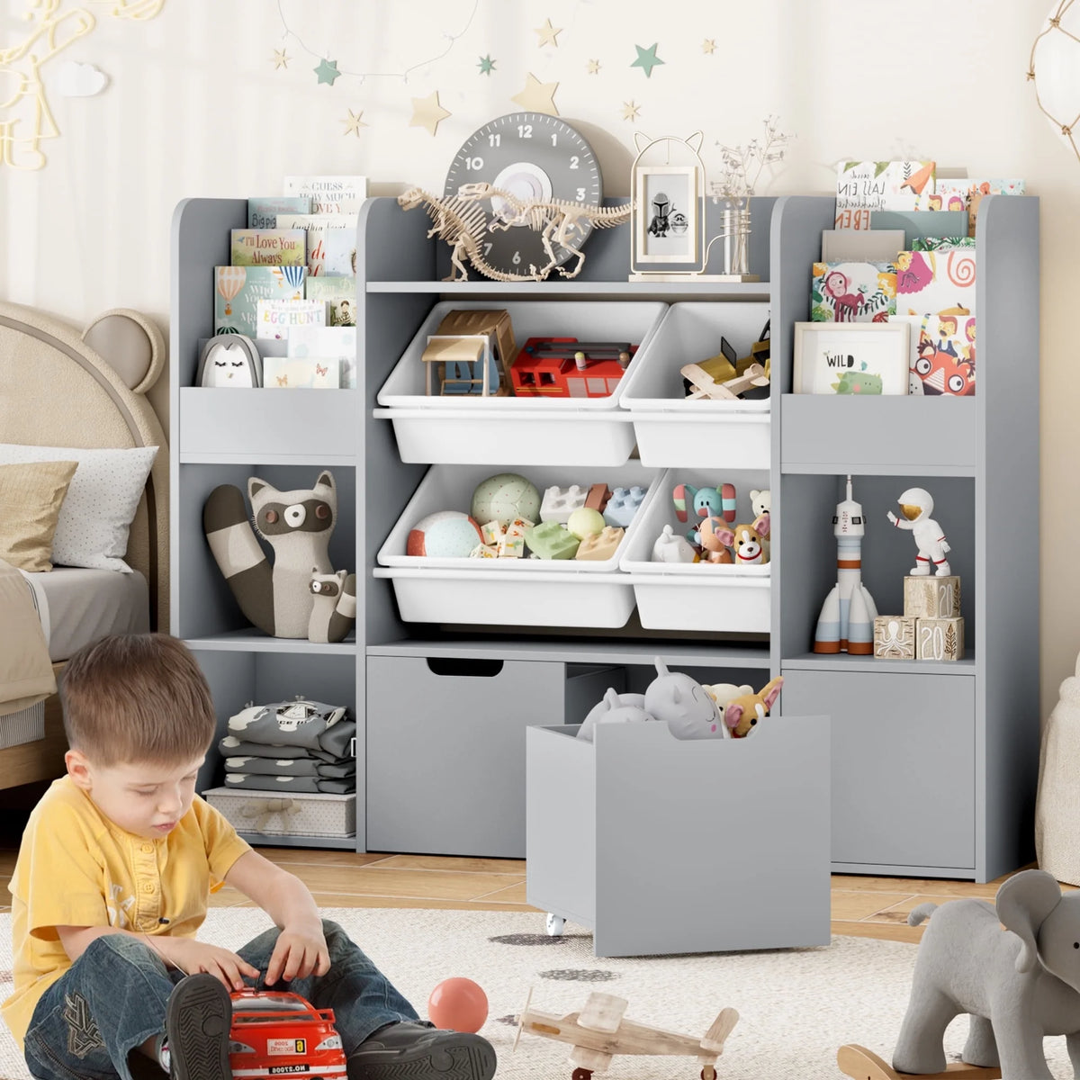 Hiphuta Bibliothèque et Meuble de Rangement pour Jouets pour Enfants, Organisateur en Bois avec 4 Paniers et 2 Tiroirs Amovibles pour la Maison et la Chambre, Étagère à Livres pour Enfants avec Bac à Jouets et Support à Livres, Blanc