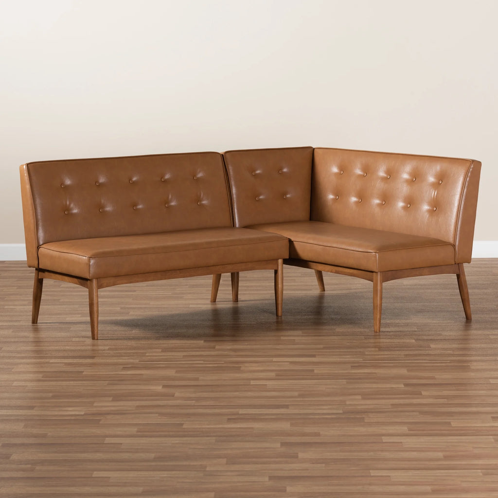 Baxton Studio Arvid Canapé d'angle de salle à manger 2 pièces avec banc, style moderne du milieu du siècle, rembourré en similicuir beige et bois avec finition brun noyer