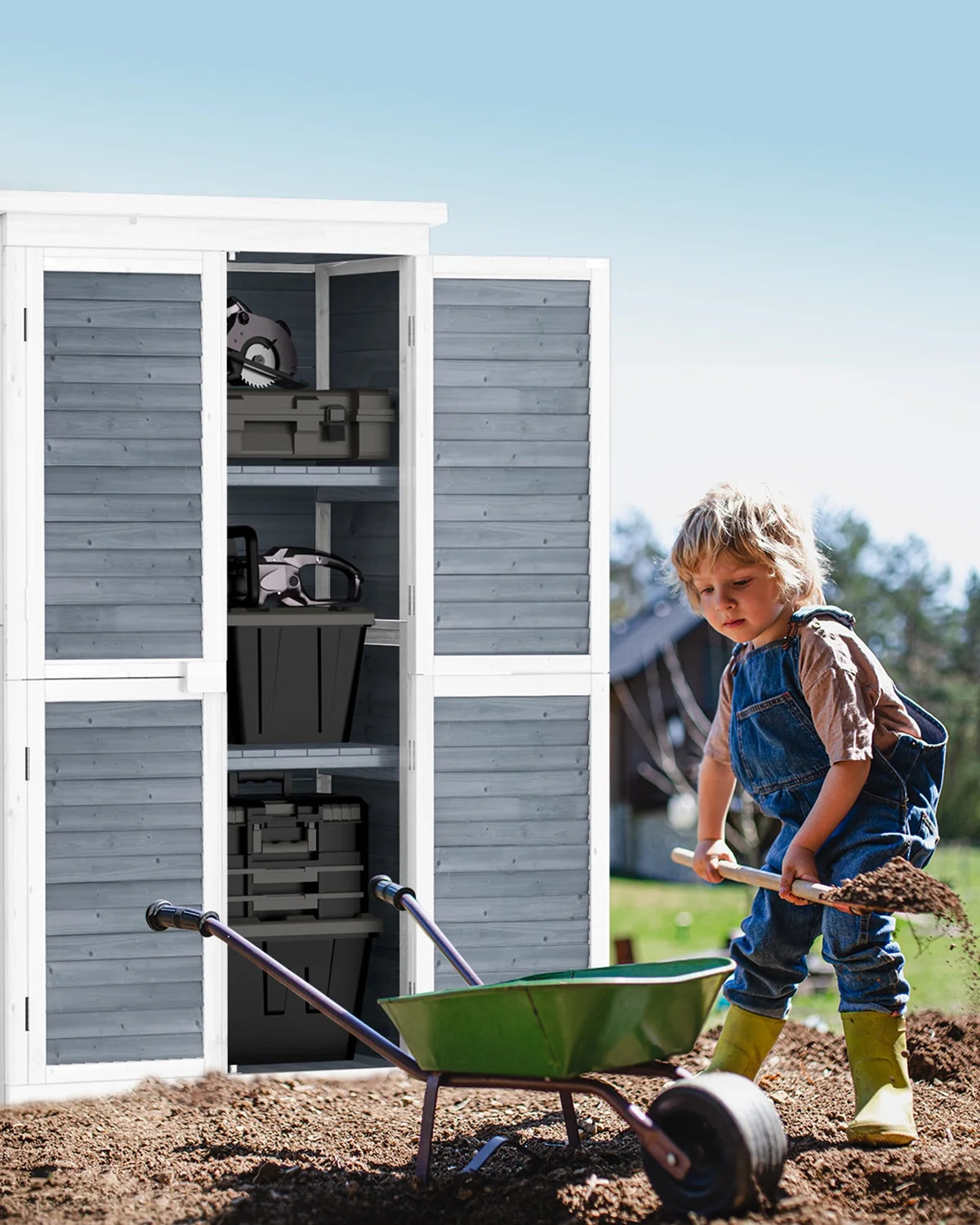 Abri de rangement extérieur large Aiho 55 avec portes doubles verrouillables - Abri de jardin résistant aux intempéries pour terrasse, jardin et pelouse, gris