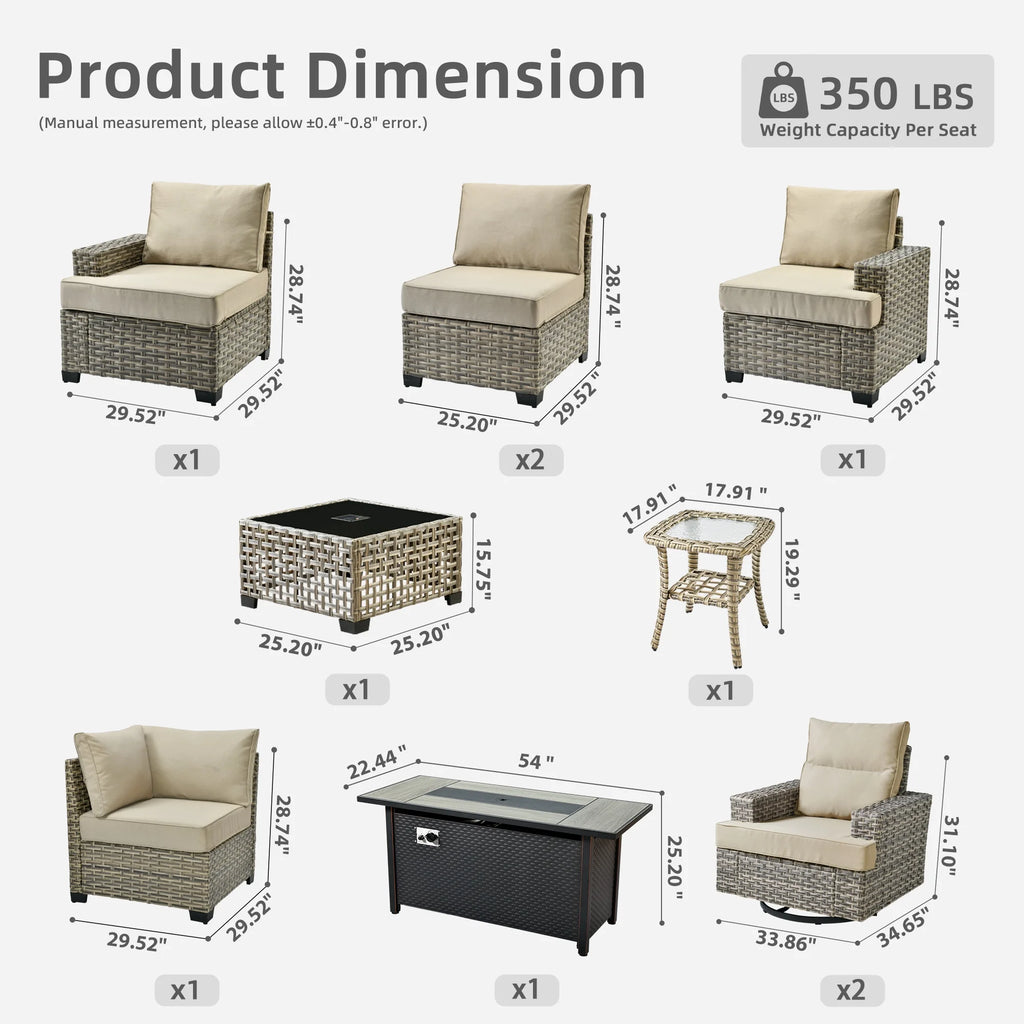 Ovios Salon de jardin modulable moderne en résine tressée toutes saisons à dossier haut, 10 pièces, avec table brasero au propane et fauteuil pivotant, gris foncé