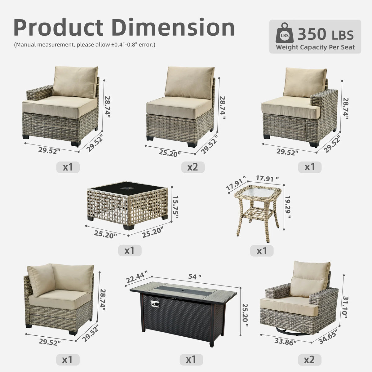 Ovios Salon de jardin modulable moderne en résine tressée toutes saisons à dossier haut, 10 pièces, avec table brasero au propane et fauteuil pivotant, gris foncé
