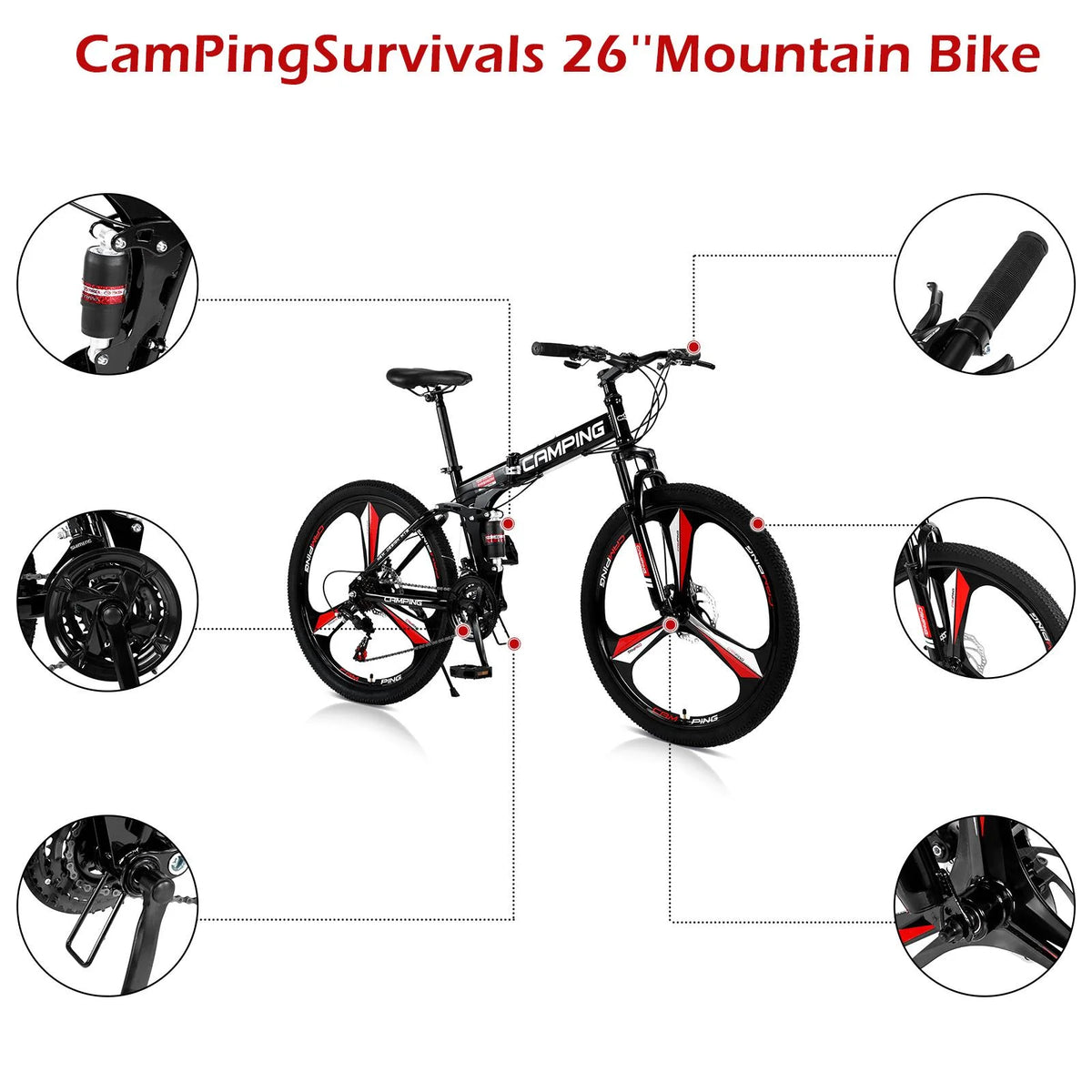 Vélo tout-terrain pliable Zimtown 26, vélo VTT Shimano 21 vitesses pour adultes, noir