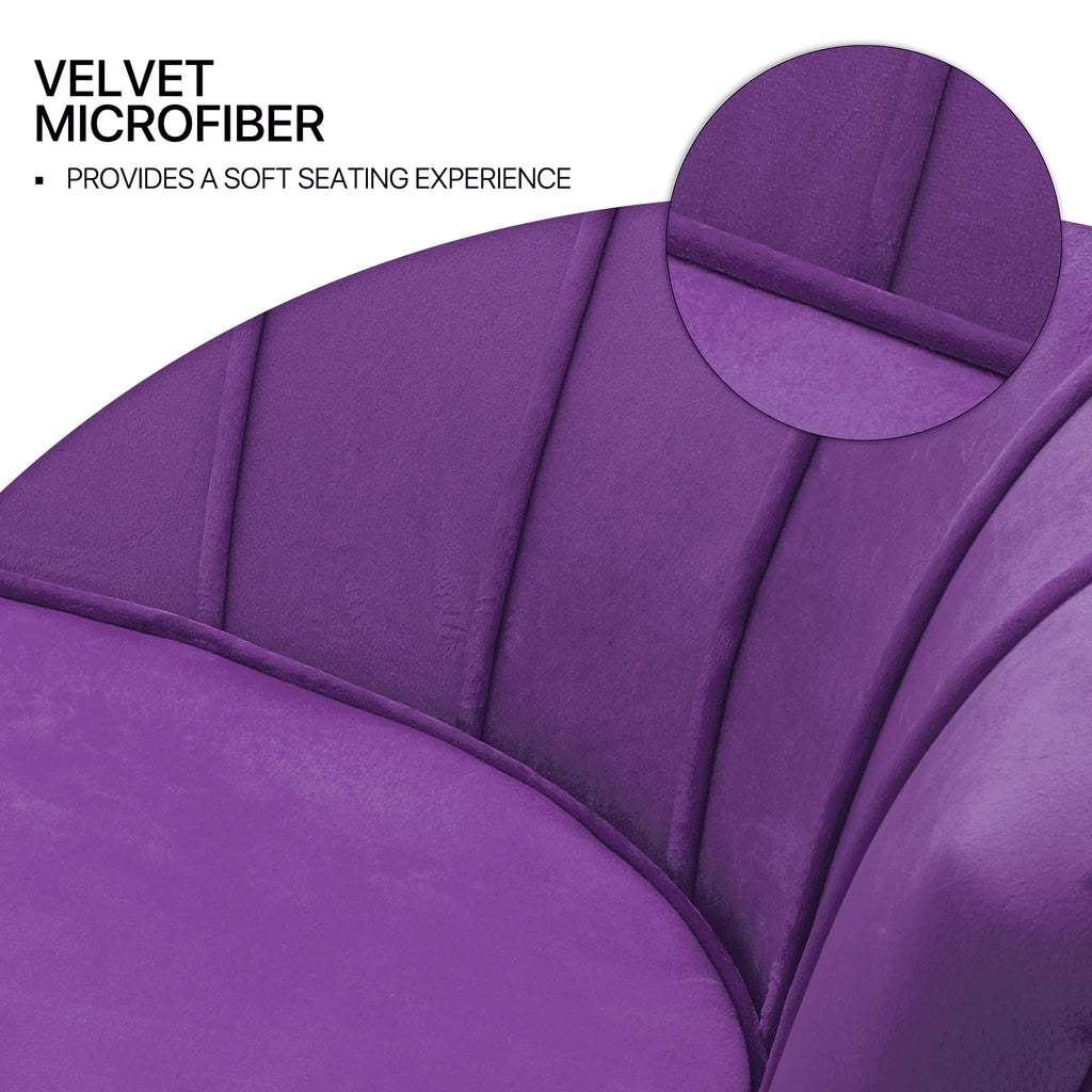 Canapé 2 places contemporain MoNiBloom en velours avec pieds en métal finition dorée, avec deux coussins pour salon, chambre, bureau à domicile, violet