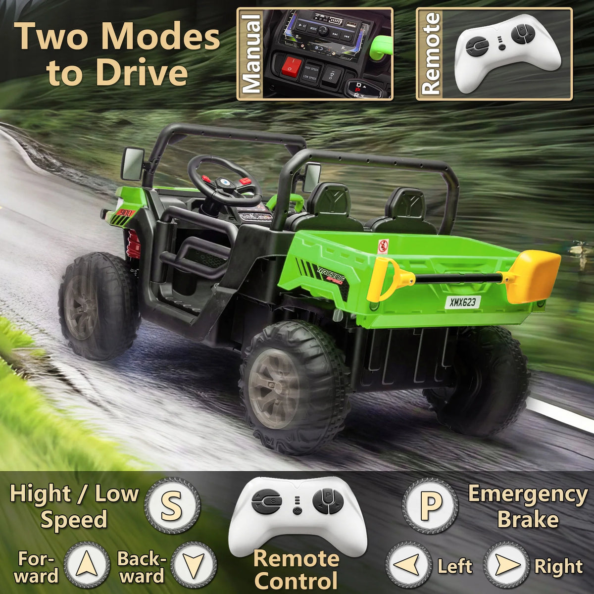 Xuanlur Voiture électrique pour enfants 24V 2 places, UTV avec moteur 2x200W, Jouet électrique 24 volts avec benne/pelle, Voiture électrique pour enfants avec pneus résistants, lumière LED, musique, télécommande, noire