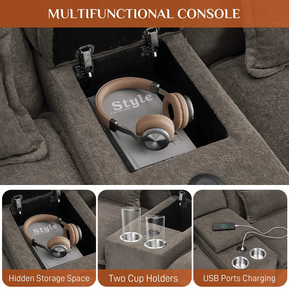 Canapé modulable en U Wiilayok Cloud Couch, méridienne double extra profonde de 124 cm en chenille duveteuse, console centrale avec ports USB-C et A doubles, gris tempête