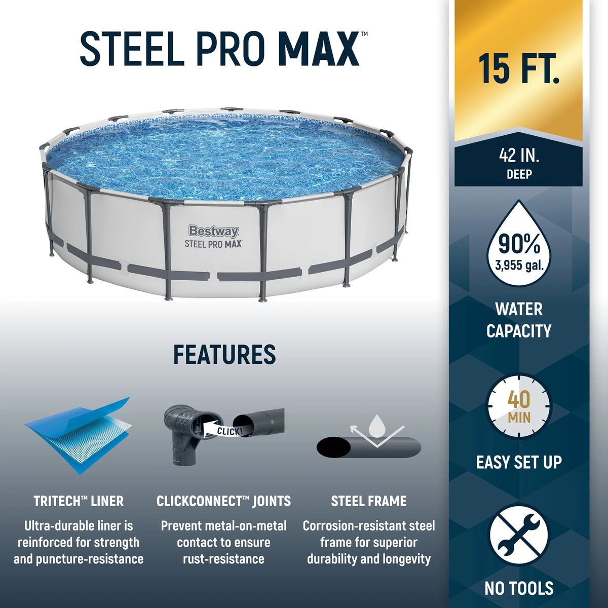 Ensemble piscine hors sol ronde Bestway Steel Pro MAX 15' x 42