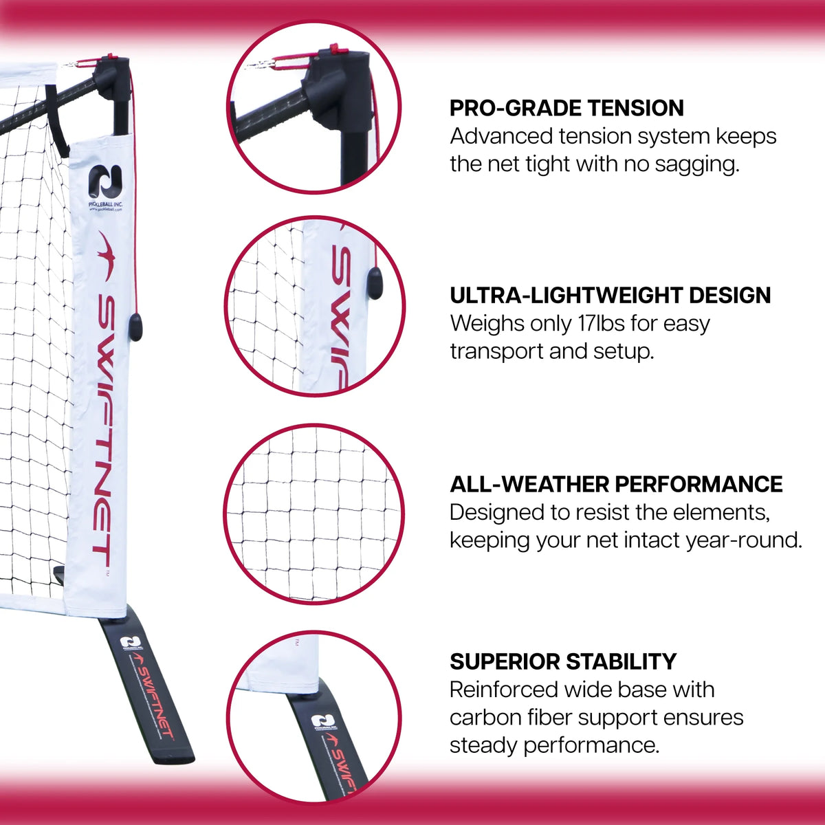 Système de filet portable pour pickleball SwiftNet 2.1| Fibre de carbone légère à haute tension + Matériau du cadre en alliage