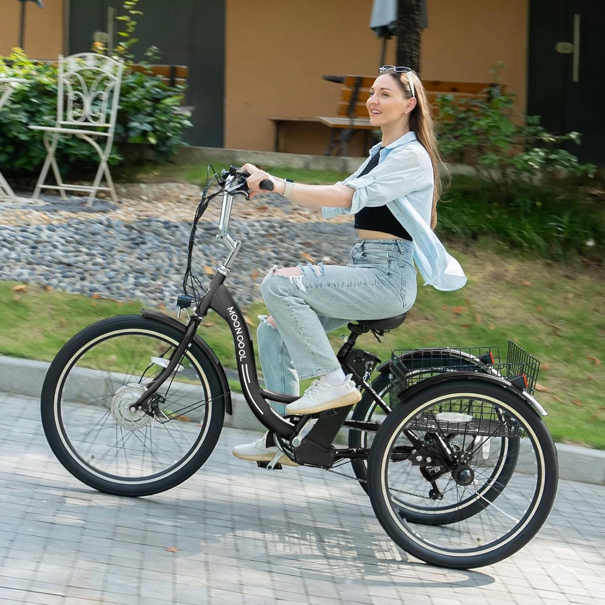 Tricycles électriques ABORON 24 26, batterie au lithium 36 V 10 Ah 350 W, triporteur électrique 7 vitesses pour adultes avec grand panier arrière et siège réglable