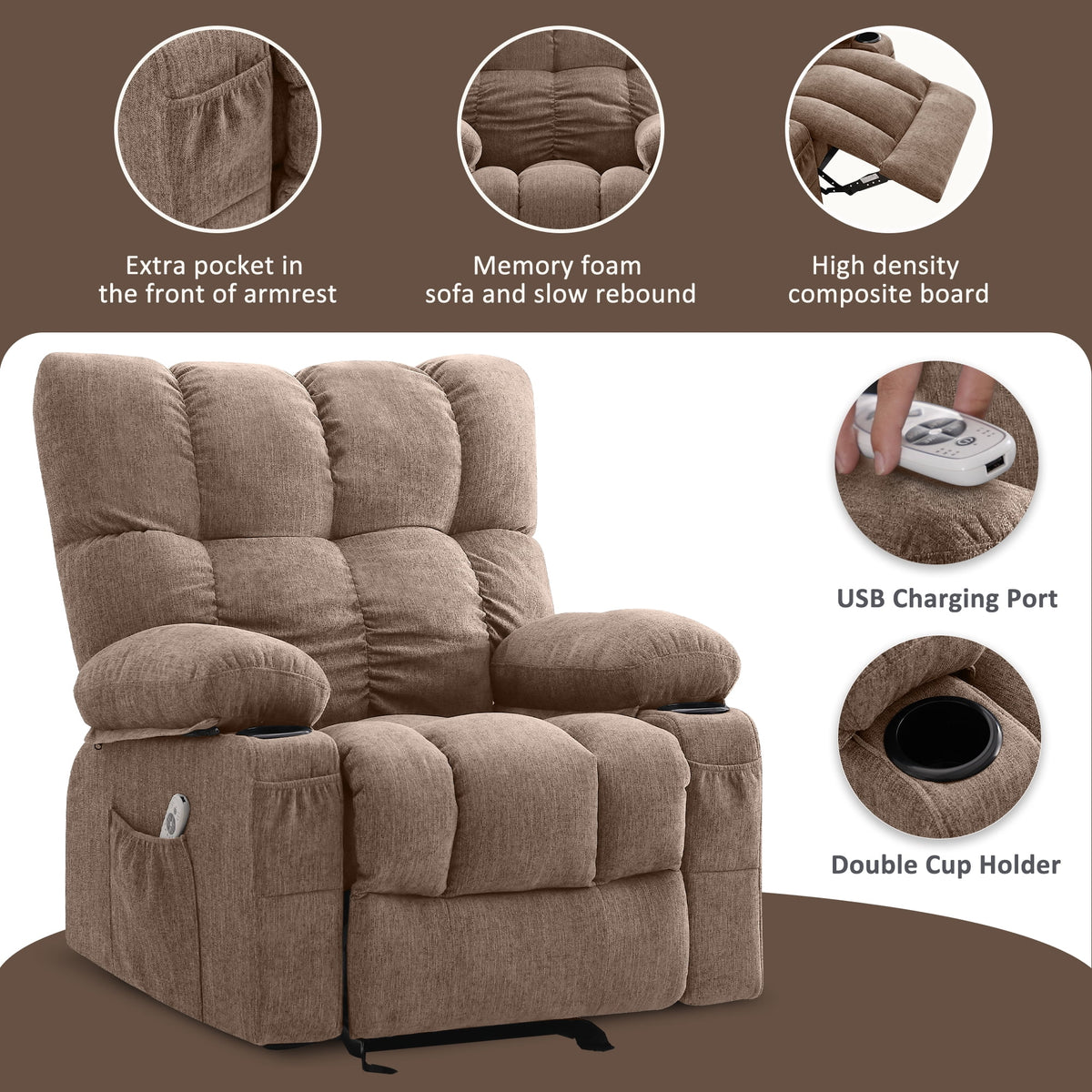 Fauteuil inclinable manuel JONPONY avec fonction de massage et de chauffage, mécanisme d’inclinaison robuste, fauteuil à bascule individuel pour personnes âgées avec porte-gobelets, pour chambre et salle de cinéma maison, gris