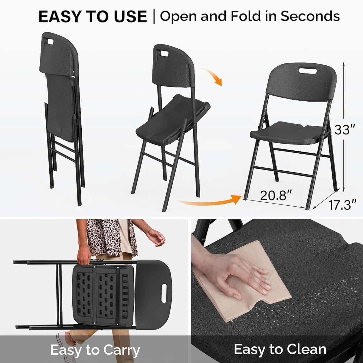 DYUKFG Chaises pliantes, Chaise pliable robuste Assise en plastique HDPE portable avec cadre en acier pour salle à manger intérieure et extérieure Fête mariage École, Blanc, Lot de 6