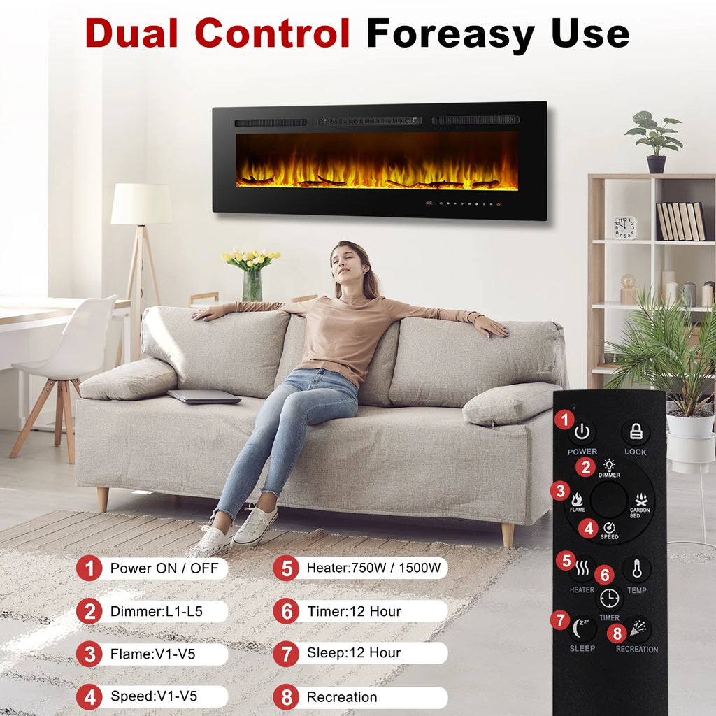 Cheminée électrique 60, cheminée encastrable ultra-fine et murale, cheminée linéaire avec minuterie, télécommande, couleur de flamme réglable, 750 w/1 500 w, noire