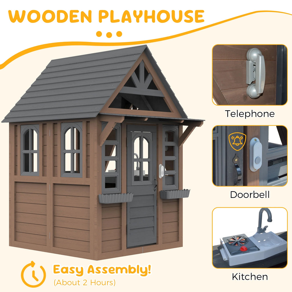 COCLUB Maison de jeu d’extérieur pour enfants de 4 à 8 ans, maison en bois avec sonnette, téléphone et jouets de cuisine, équipement de jeu extérieur pour enfants, maison pour filles (45L x 65H), blanc et noir