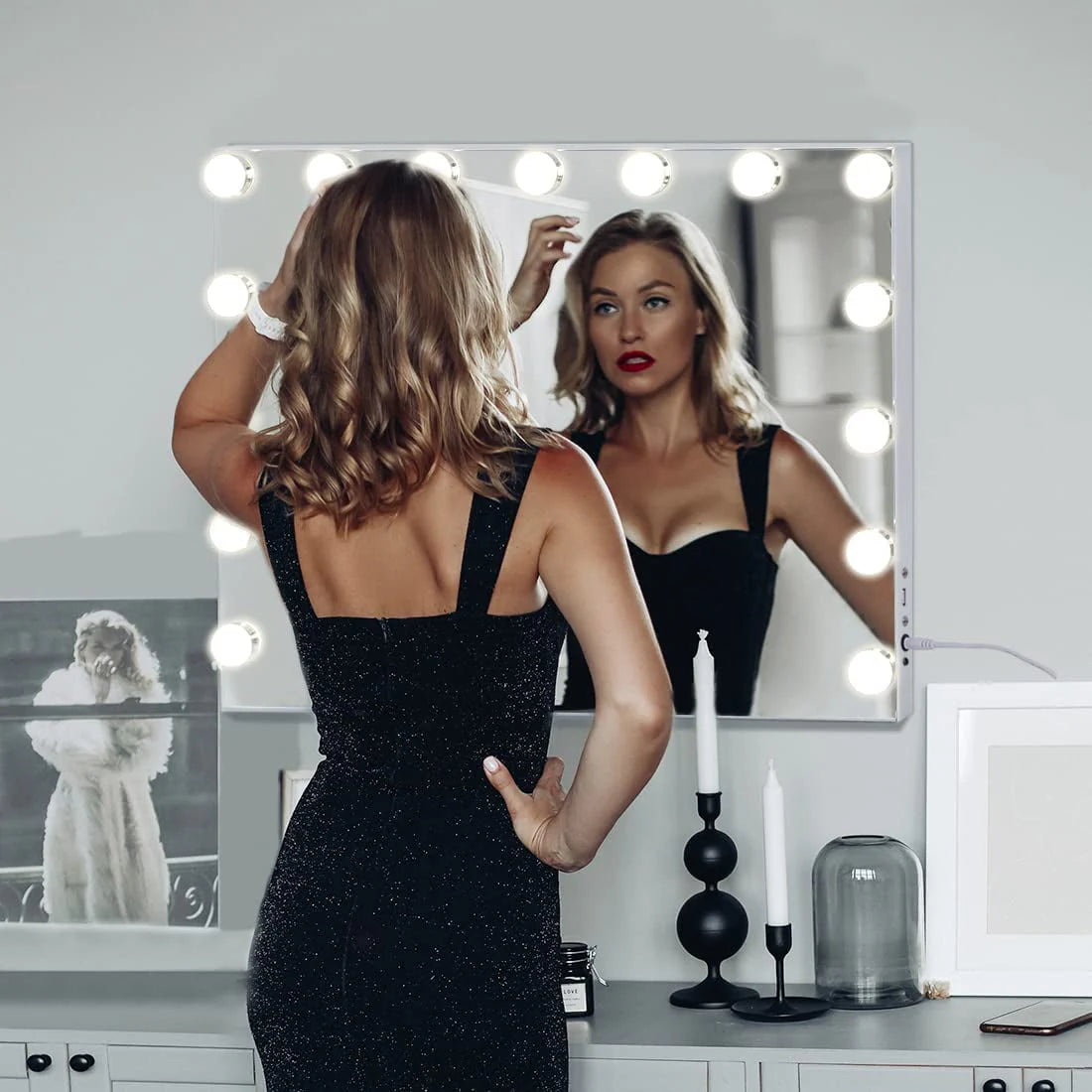 COOLJEEN Grand miroir de courtoisie Hollywood avec éclairage, fixation murale ou sur table, métal blanc