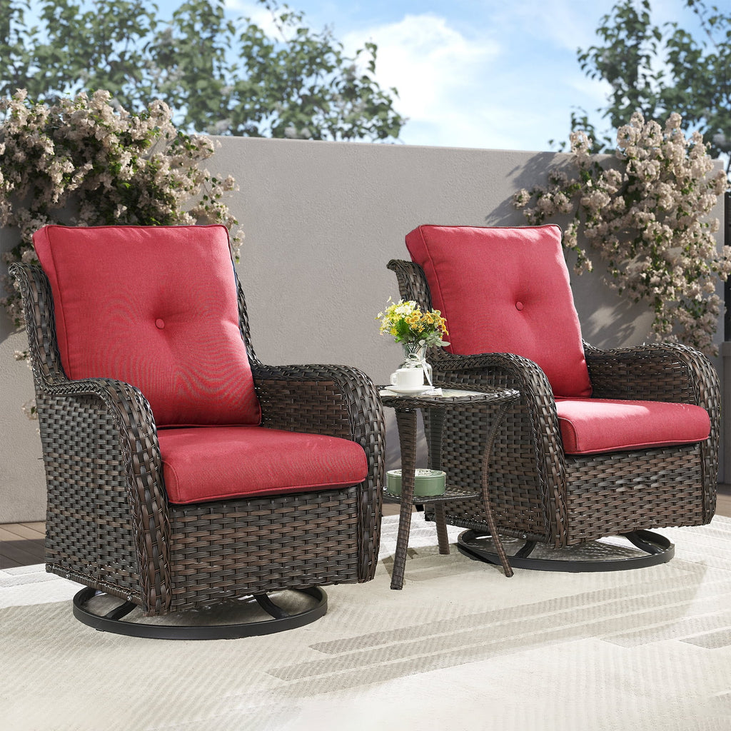 POCASSY Salon de Jardin 3 Pièces en Rotin Tressé Fauteuils Berçants et Pivotants avec Coussins