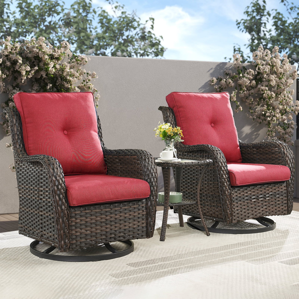 POCASSY Salon de Jardin 3 Pièces en Rotin Tressé Fauteuils Berçants et Pivotants avec Coussins