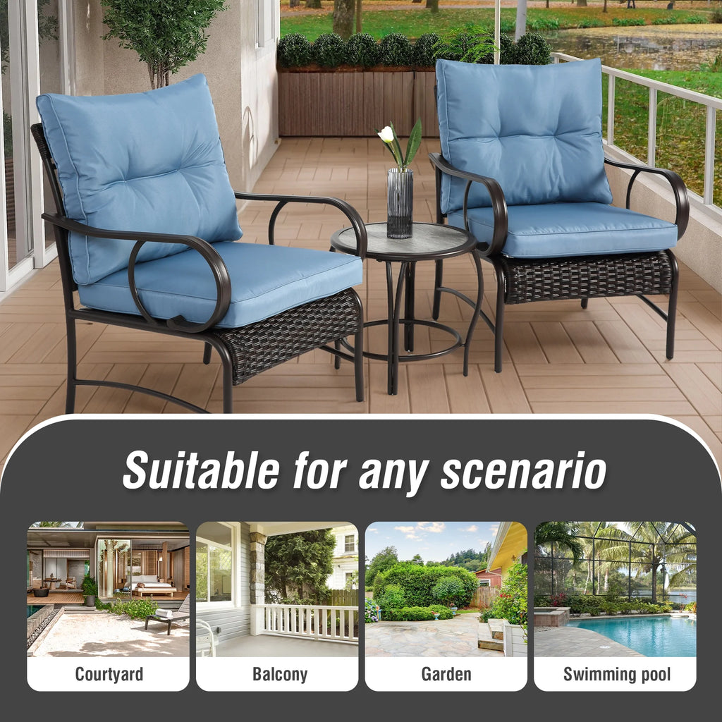 Ensemble de salon de jardin Villeston 3 pièces en résine tressée, avec 2 chaises et une table pour terrasse ou jardin, bleu