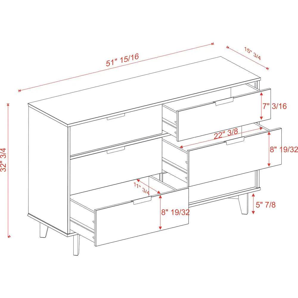 Commode en bois caramel à 6 tiroirs de style moderne du milieu du siècle