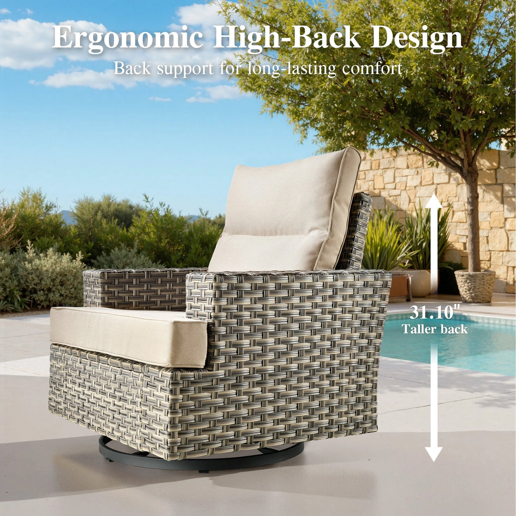 Ovios Salon de jardin modulable moderne en résine tressée toutes saisons à dossier haut, 10 pièces, avec table brasero au propane et fauteuil pivotant, gris foncé