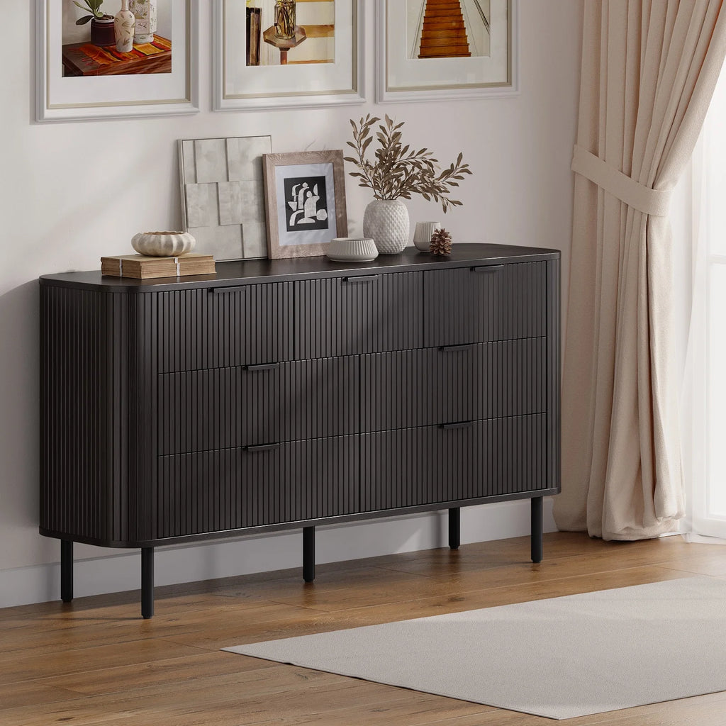 Commode cannelée à 7 tiroirs pour chambre, largeur 60 pouces, moderne, en bois, avec poignées en métal, design aux lignes courbes – Idéale également comme meuble TV pour salon ou couloir, noir