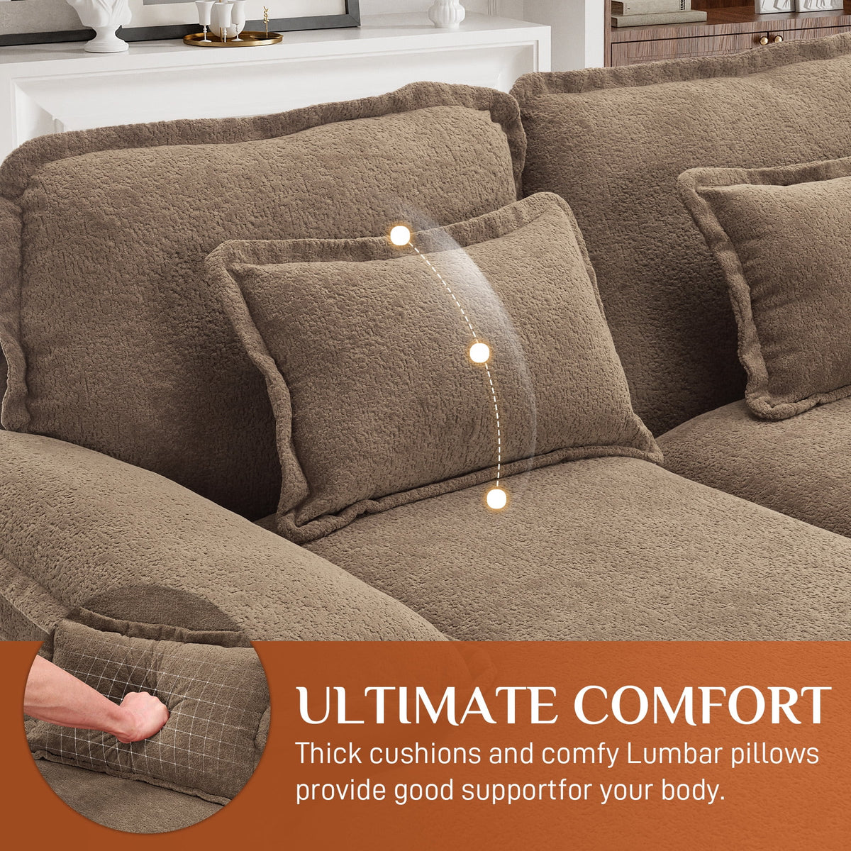 Canapé modulable en U Wiilayok Cloud Couch, méridienne double extra profonde de 124 cm en chenille duveteuse, console centrale avec ports USB-C et A doubles, gris tempête