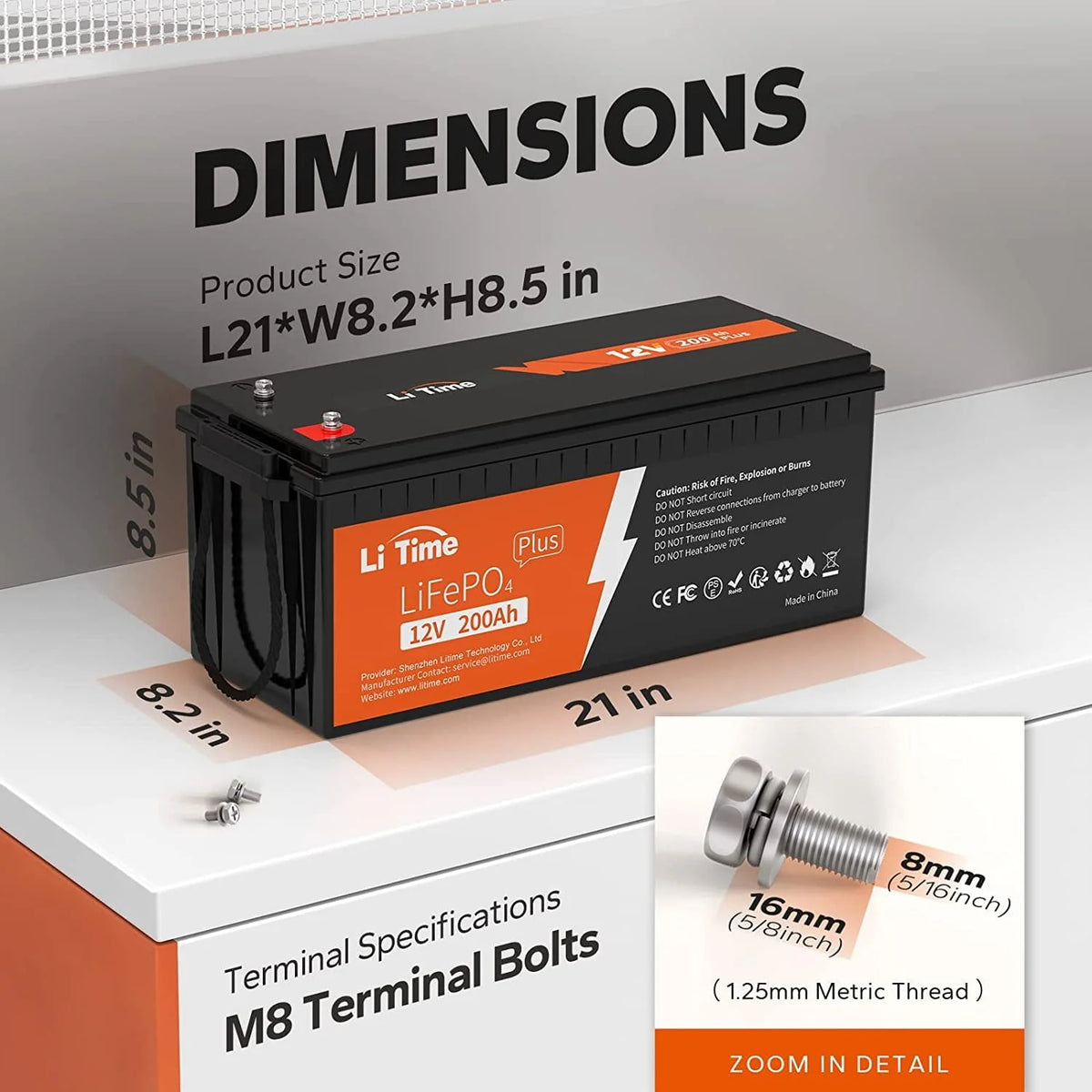 Batterie LiTime 12V 200Ah PLUS Lithium LiFePO4, Puissance de sortie max 2560W, Durée de vie de 10 ans, Batterie LiFePO4 avec BMS 200A pour Camping-car, Solaire, Hors réseau, Marine