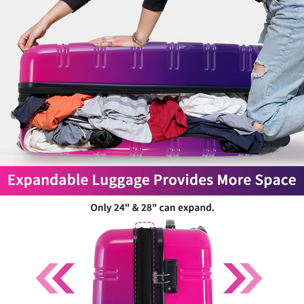 Ensemble de 3 valises, valise rigide 20/24/28 pouces avec cadenas TSA et roulettes pivotantes, bagages de voyage légers et extensibles pour homme et femme, multicolore violet