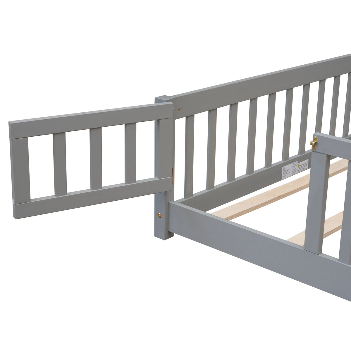 uhomepro Cadre de lit au sol en bois 2 places avec barrière et porte pour enfants et tout-petits, Gris